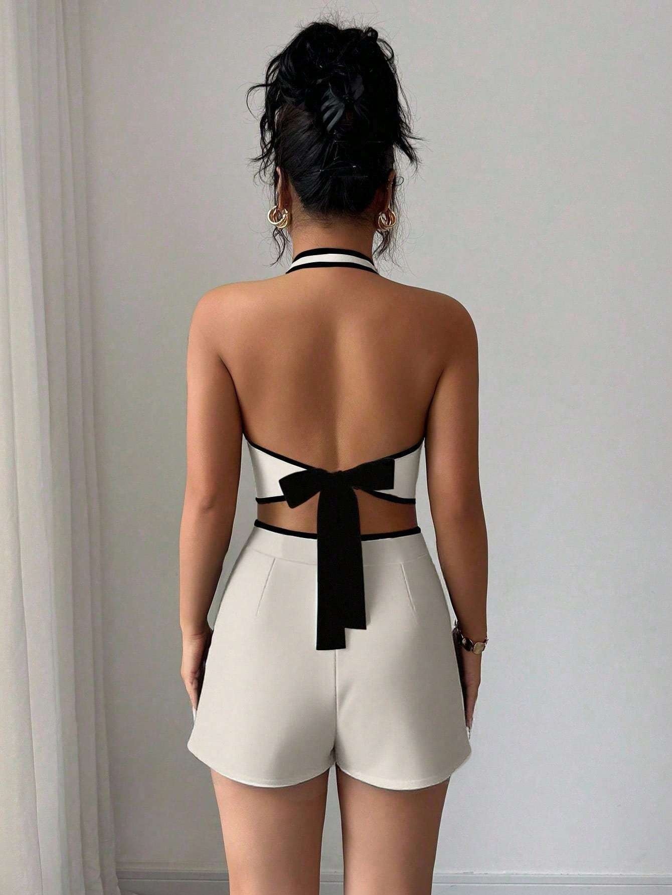 Conjunto de Shorts y Chaleco Elegante con Cuello Halter y Lazo Trasero para Mujer - Imagen 5