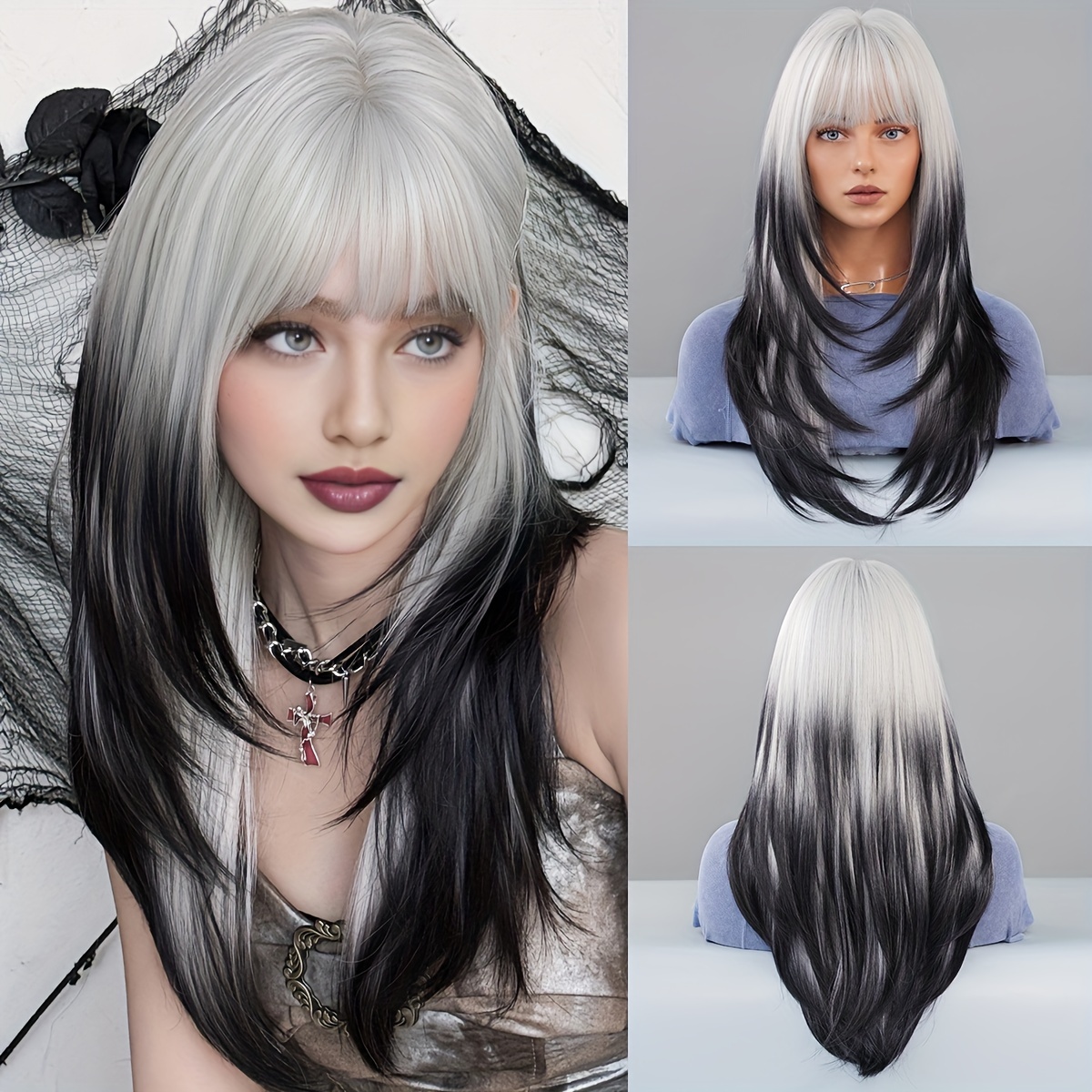 E-shop Kostümperücke Lang Glatt Geschichtet Weiß Ombre Schwarz Perücke mit Pony Synthetische Hitzebeständige Faser Haarperücke für Party