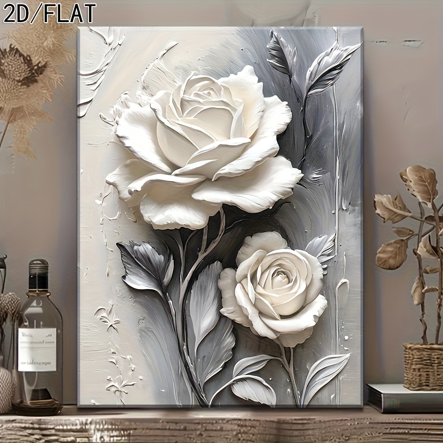 TEMU 1pc Art Mural sur Toile Encadrée - Élégantes Roses Blanches & Plumes Peinture Florale Abstraite , Grande Taille 15.7x11.8 Pouces Décor de Fleurs