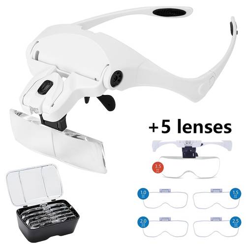 imagen del artículo lupa led de cabeza con 5 lentes de repuesto, de 1x-3.5x, ideal para trabajos de precisión, reparación y soldadura, manualidades, grabado y lectura. (no batería)