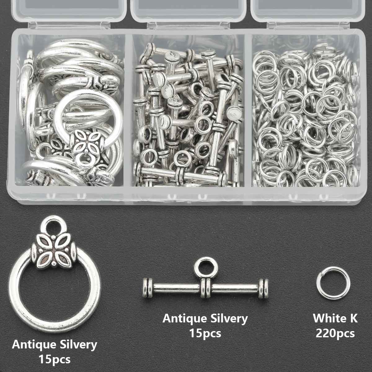 TEMU 250pcs/box Clover Flower Ot Closure Set, Including 15pcs Round Pendants, 15pcs T-shaped Clasps And 220pcs Jump Rings, Suitable For Jewelry