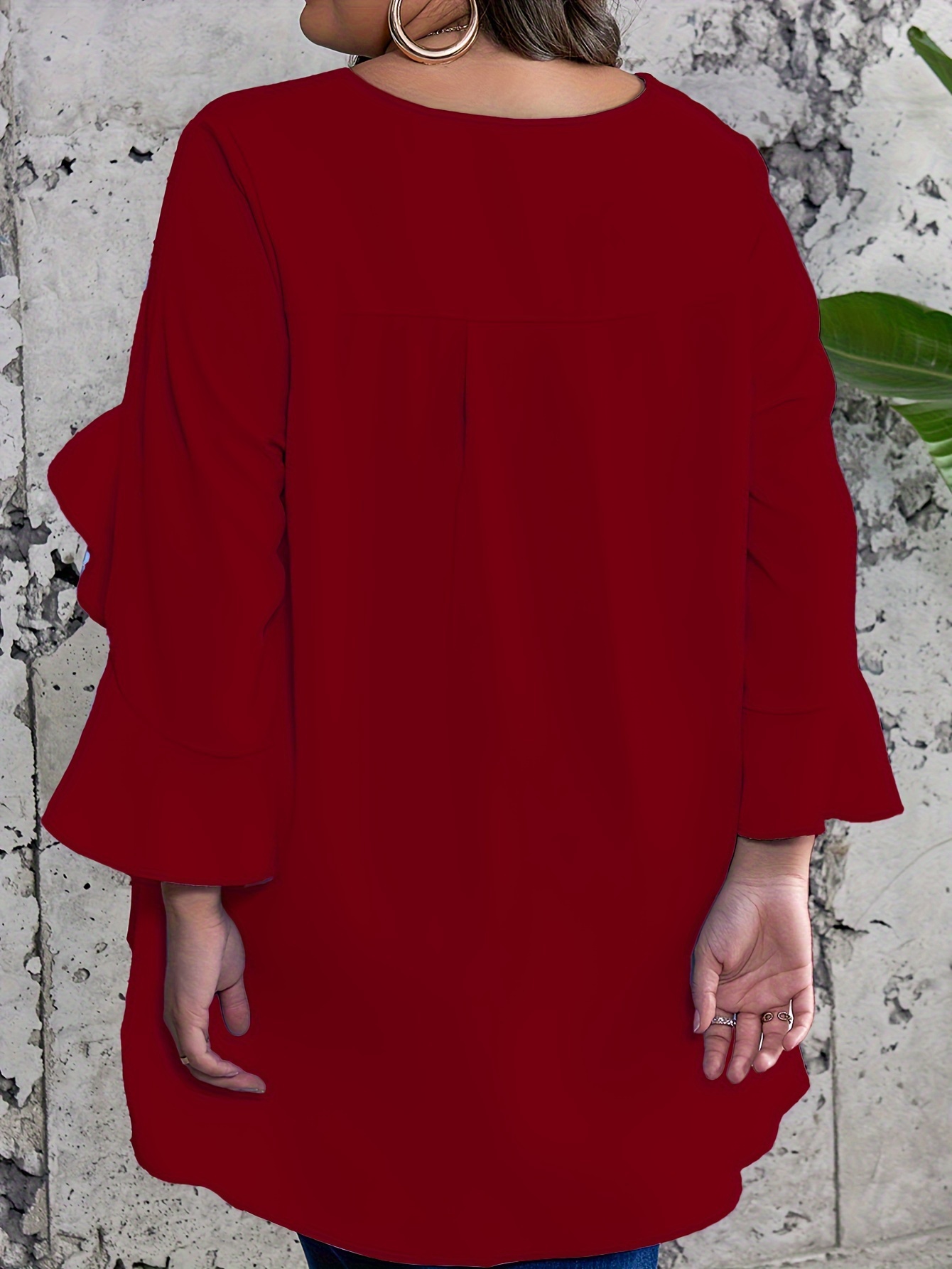 Plus Size Solid Ruffle Sleeve Blouse, Casual Crew Neck Irregular Hem Blouse For Spring, Women's Plus Size?Clothing