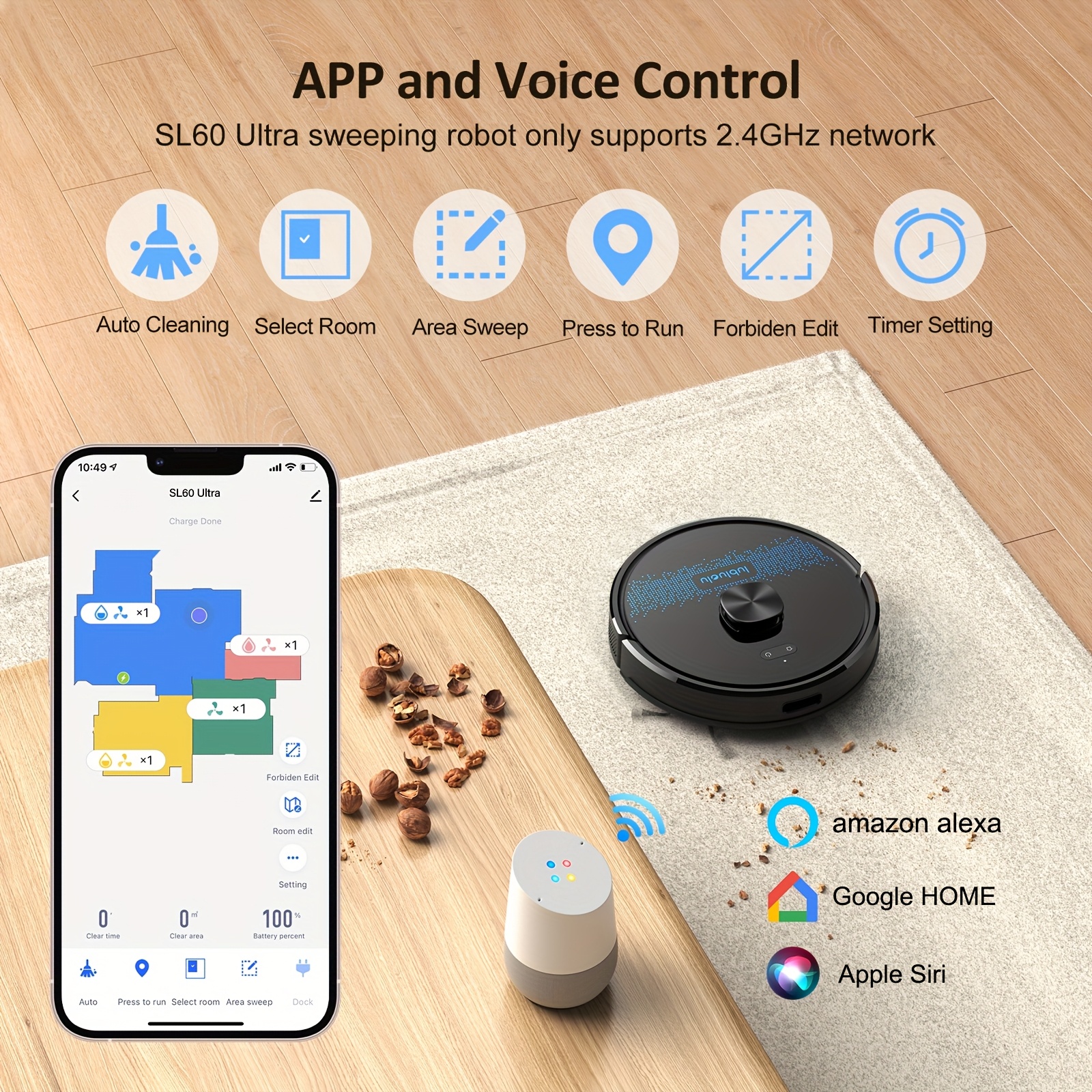 Lubluelu SL60 Ultra 4500Pa Robot Vacuum Cleaner And Mop Combo, Robotic Vacuum, Self-Charging, Anti-Siphon, 5 Maps, 24 No-Go Zones For Pet Hair Carpets Hard Floor, Christmas&Halloween Gifts