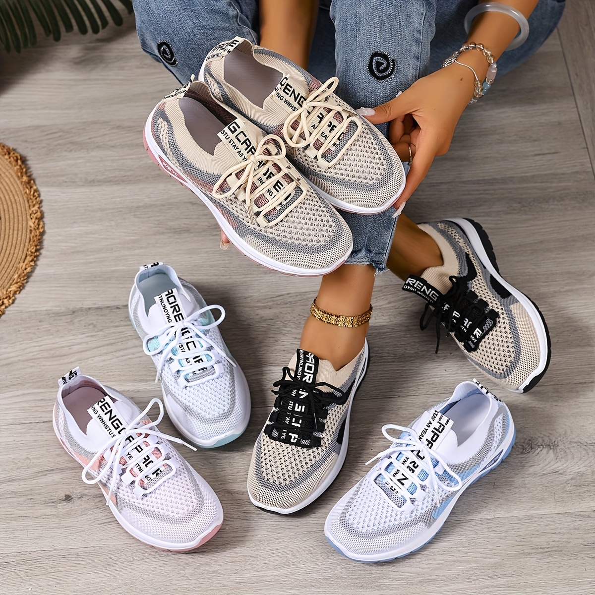 Alternative view of Tenis blancos ligeros y transpirables para mujer, cómodos, casuales, de caña baja con cordones, diseño de bloques…