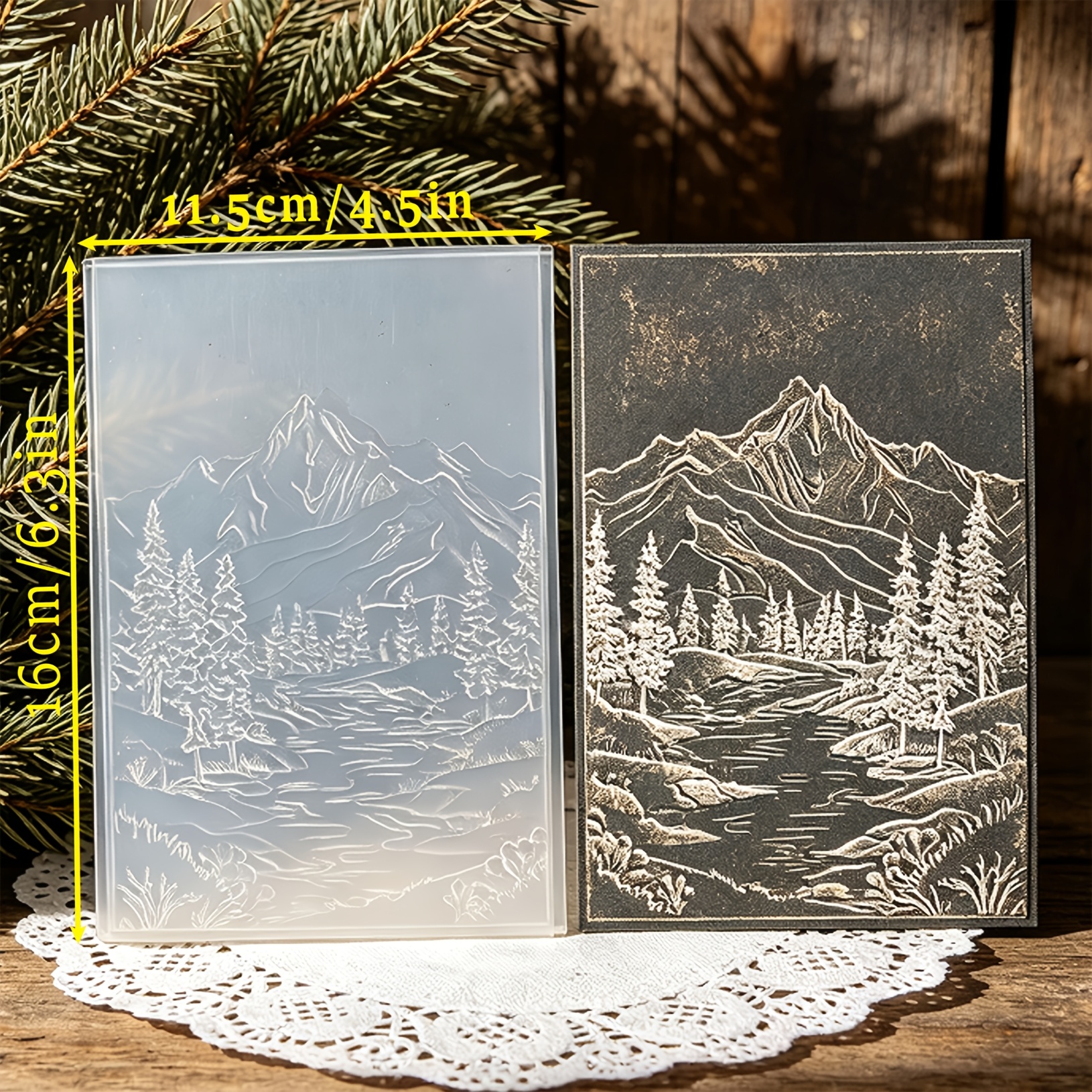 TEMU Nouveau tampon de gaufrage transparent avec motif de forêt de pins de montagne de neige nordique, moule de gaufrage pour cartes de vœux