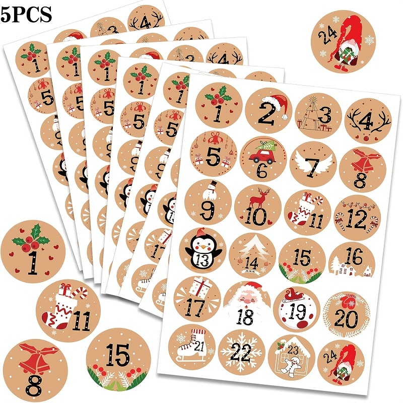 TEMU 5pcs Calendrier de l'Avent de Noël 24 Jours, Autocollants Numérotés, Papiers Vintage Ronds Auto-Adhésifs 1-24pcs, Étiquettes d'Étanchéité
