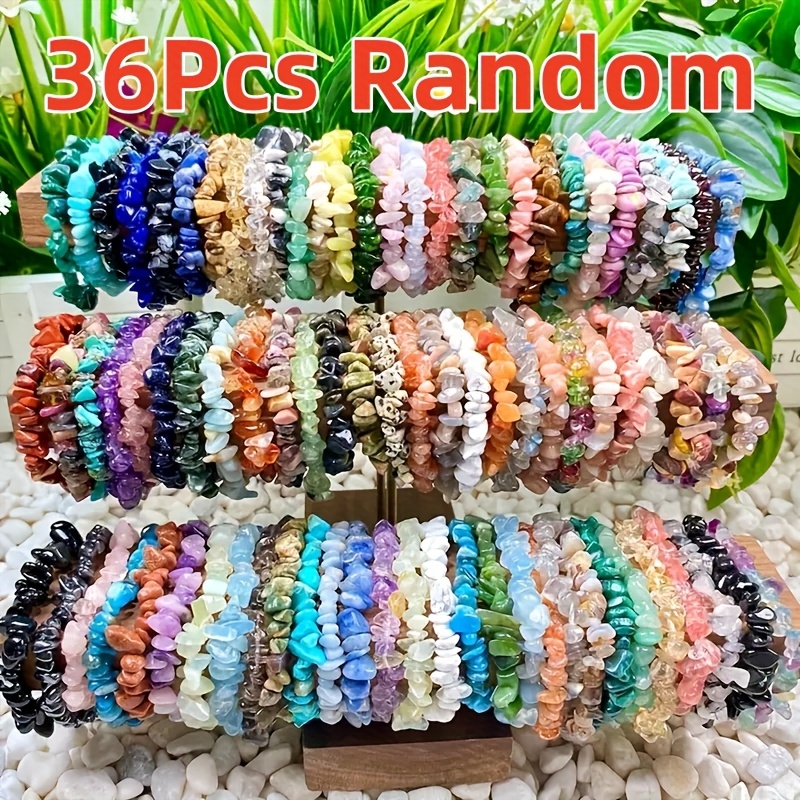 Image of 36-pack Random Assorted Multi-tone Natural Crushed Stone Elastic Stackable Bracelets, Boho Beach Jewelry Ideal For Summer Travel & Holiday Outfits