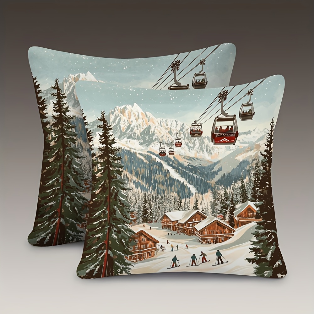 TEMU 2pcs, Double Sided Soft, Throw Pillow Cover 18x18inch, Featuring A Retro Design Of And Snowboarders, Perfect For Sofas, Chairs, Beds, Cars, And