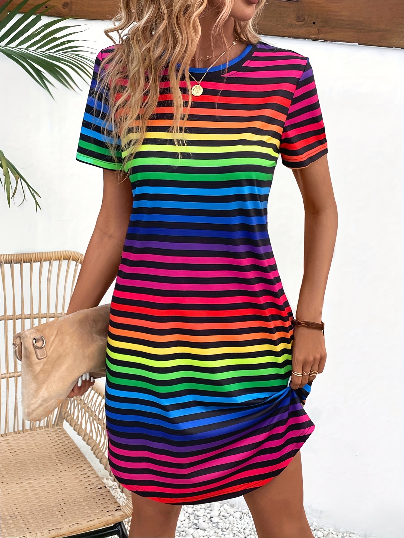 rainbow stripe t shirt dress Wholesale Rainbow Stripe Sequin T-shirt Dress for your store