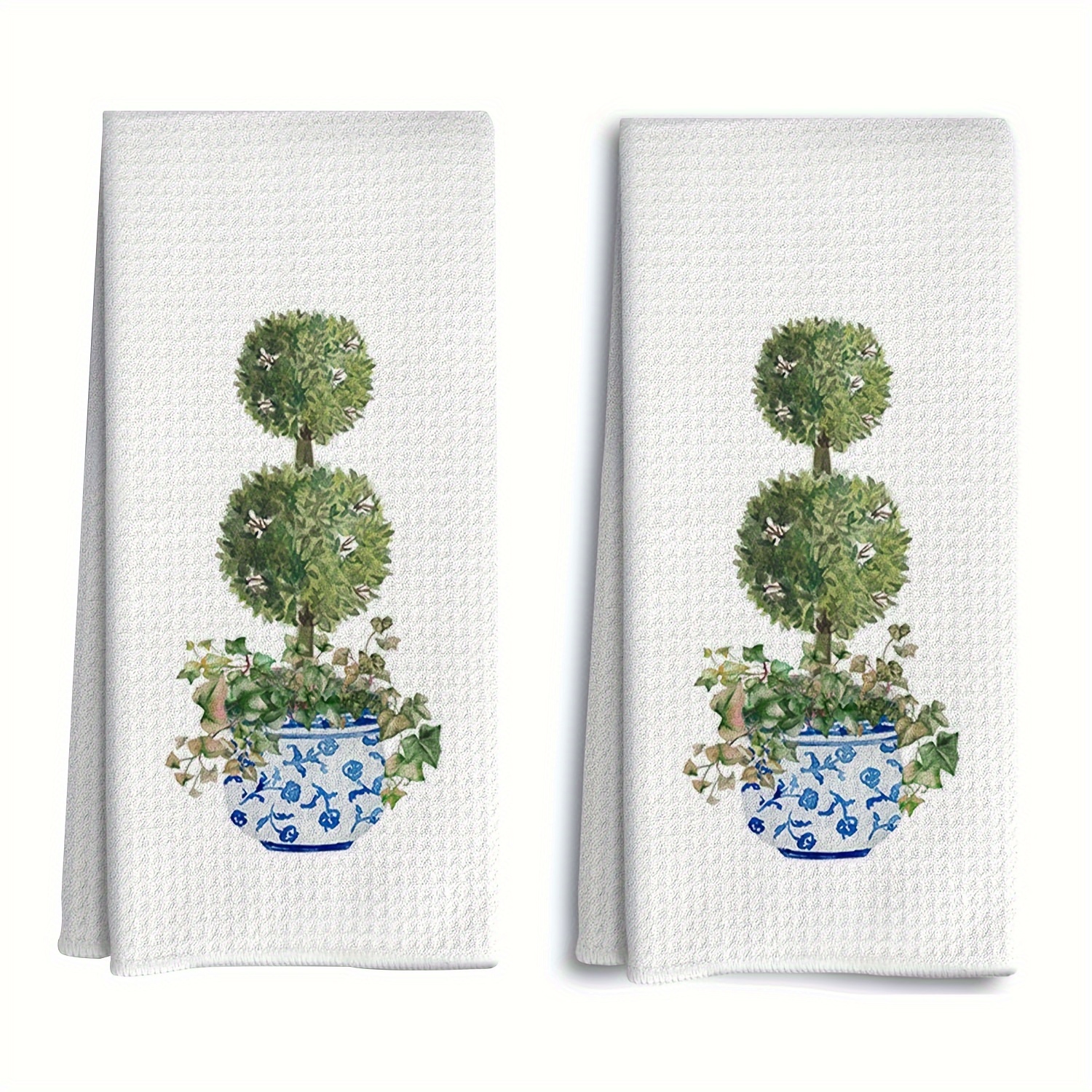 

2pcs Waffle Weave Kitchen Towels - Porcelain Design With Watercolor Green Topiary Trees, Vintage Plant Dish & Tea Towels For Home Decor