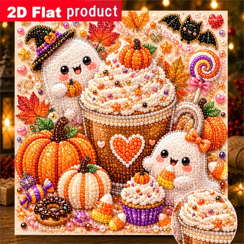 TEMU Nouveau kit de peinture diamant DIY coloré avec perles, art diamant sur le thème d'Halloween, motif décoratif de citrouille, gâteau et bonbons,