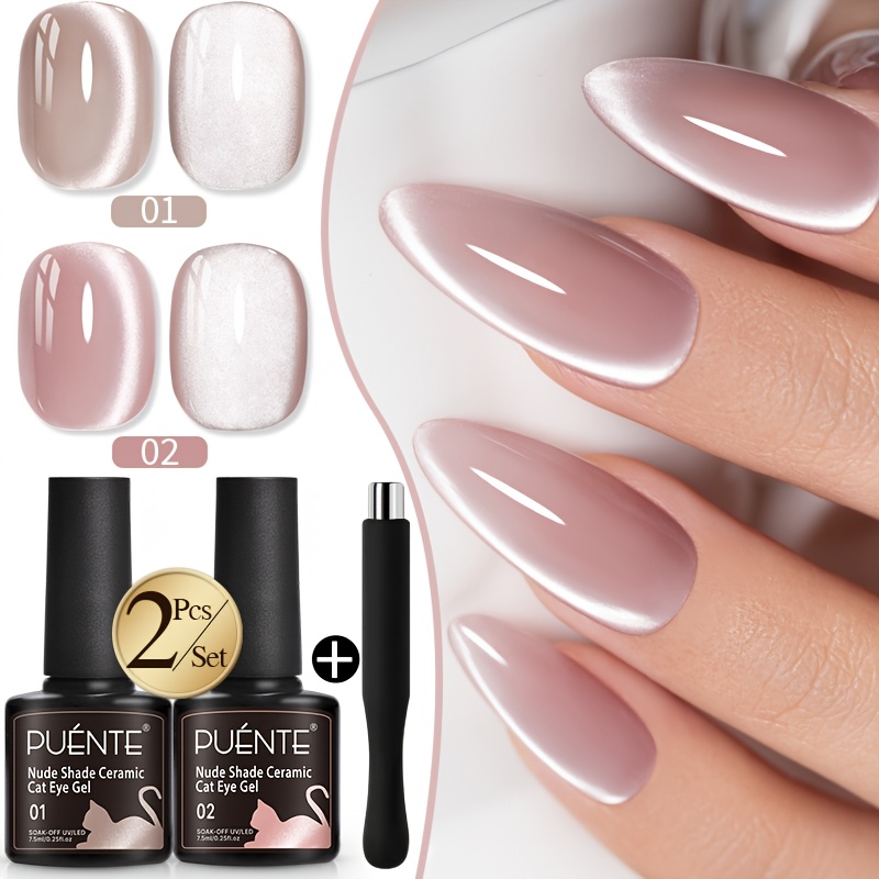 Image of Bridge 2pcs Nude Shade Ceramic Cat Eye Gel Nail Polish With Magnet Set, Nude Pink Cat Eye Glitter Gel Polish, Smooth And Shiny End, Elegant For , Led Lamp Nail Varnish, For Home Nail Use