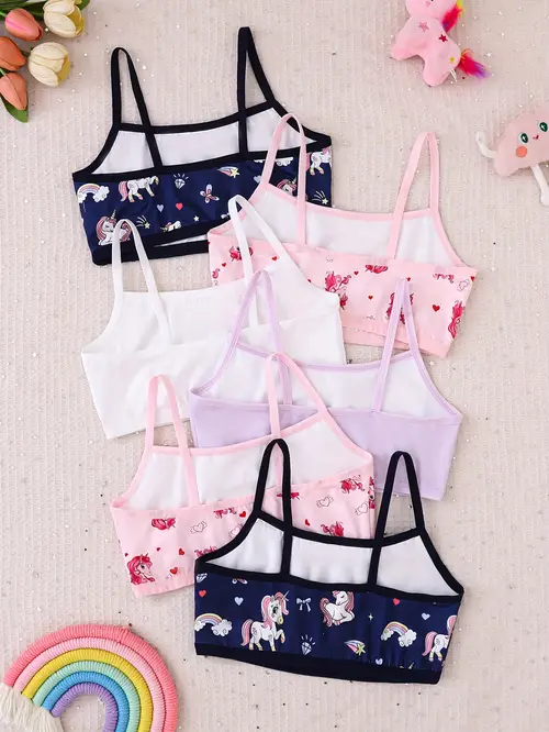 6pcs girls comfortable breathable bralette with unicorn pattern five different designs lightweight essential for sports and school holidays