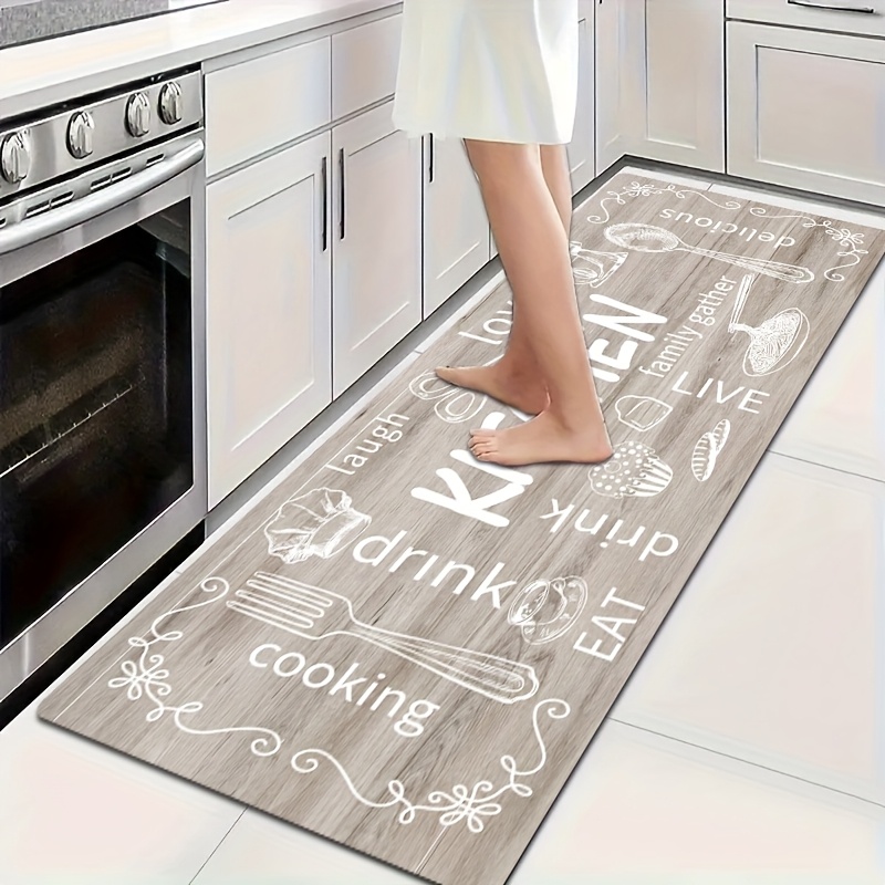 1pc Printed Kitchen Mat With Cooking-related Patterns Reunion Text, Highlighting The Kitchen As An Important Space For Family Gatherings, Food, And Warm Moments, In