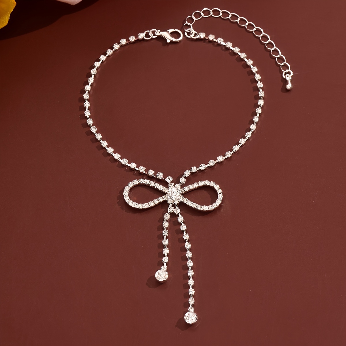 Light Luxury Copper Bow Glass Tennis Anklet with Rhinestone