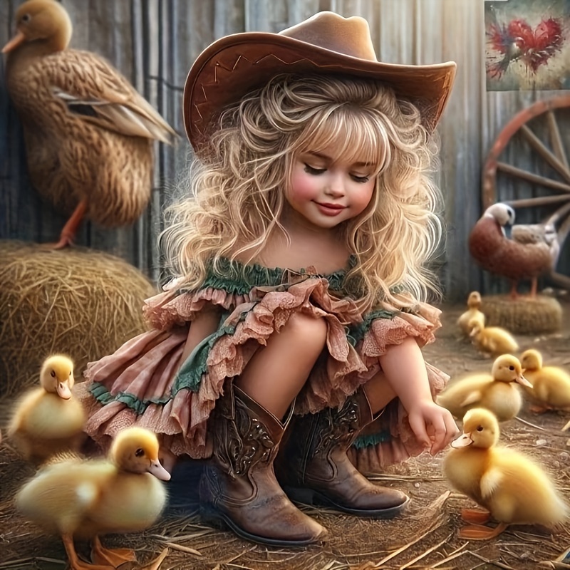 

New 5d Diamond Painting Set: Curly-haired Girl And Cute Chicks - 30x30cm/11.81x11.81in, Round Diamonds, Canvas Material, Cartoon Theme