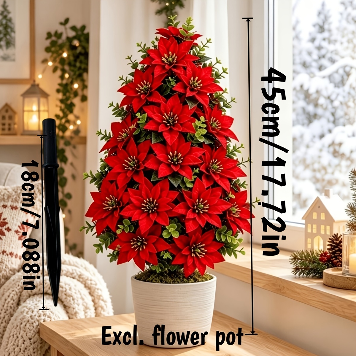 TEMU Christmas Artificial Red Poinsettia Plug, Dense And Full Red Flower Heads, With Green Branches And Leaves, No Watering Needed, Easy To Care For,