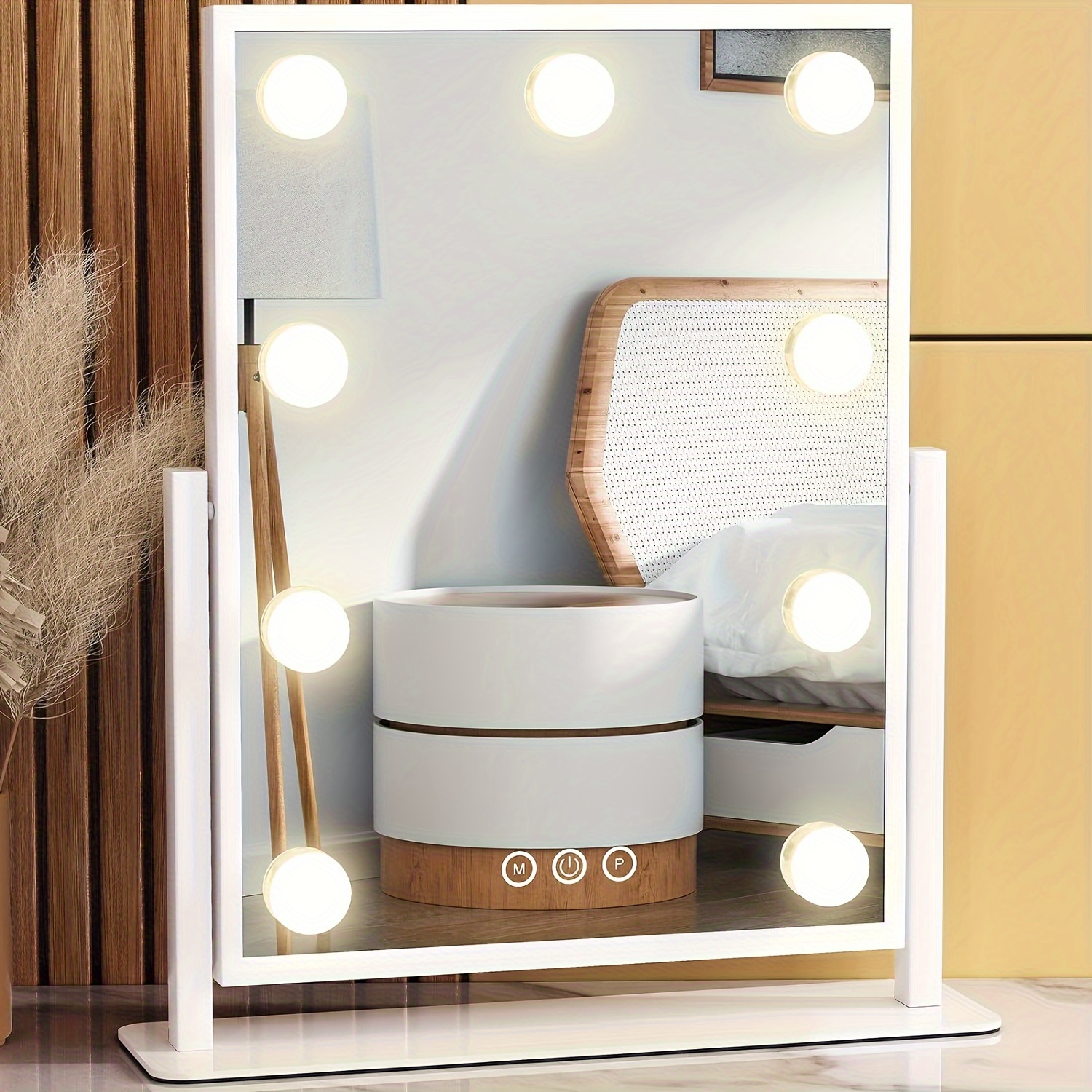 

1pc Lighted Makeup Mirror, Illuminated Makeup Mirror, Makeup Mirror, With 9 Dimmable Light Bulbs And 3 Color Lighting , Smart , 360° , Niuphia