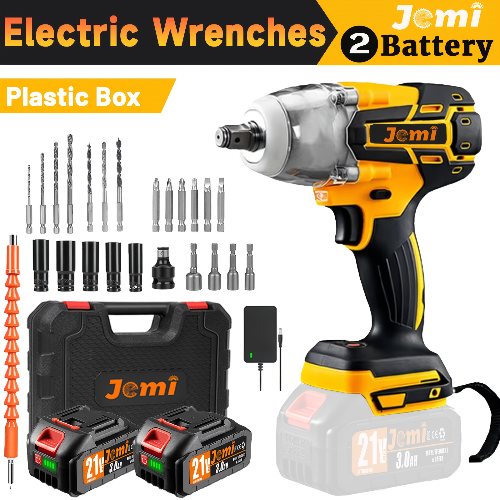 TEMU Jemi Tool 21v Brushless Impact Wrench Set, Includ 13mm Adapter, 3.0ah Lithium-ion Battery, Led Lighted Electric Wrench, Can With Plastic Box For
