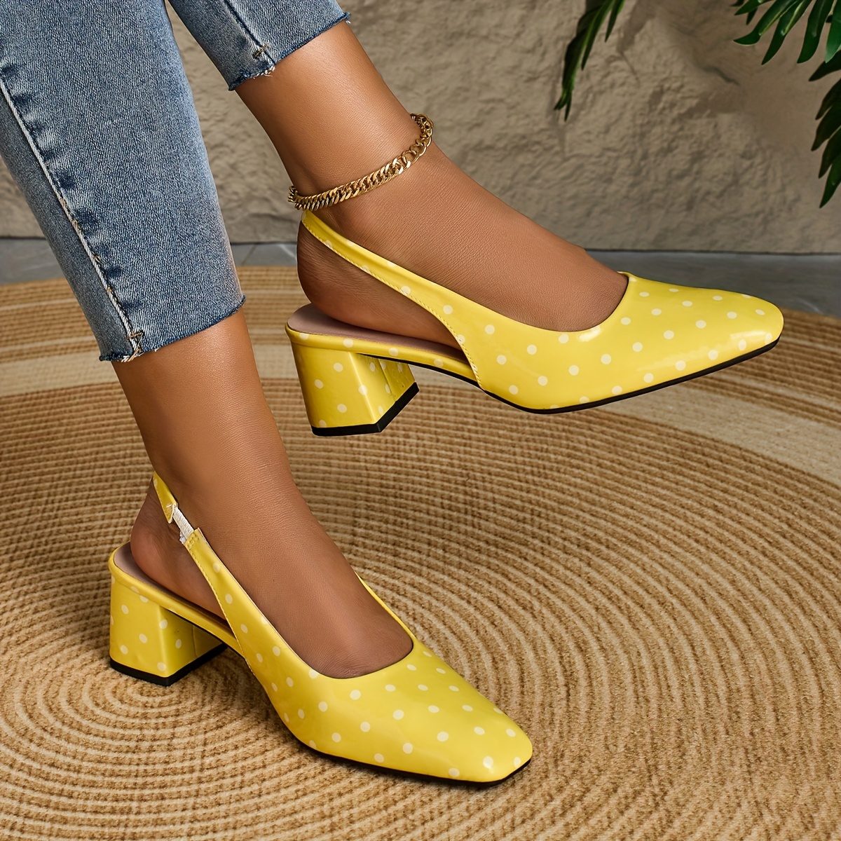 womens yellow polka dot square toe block heel sandals Temu Australia
