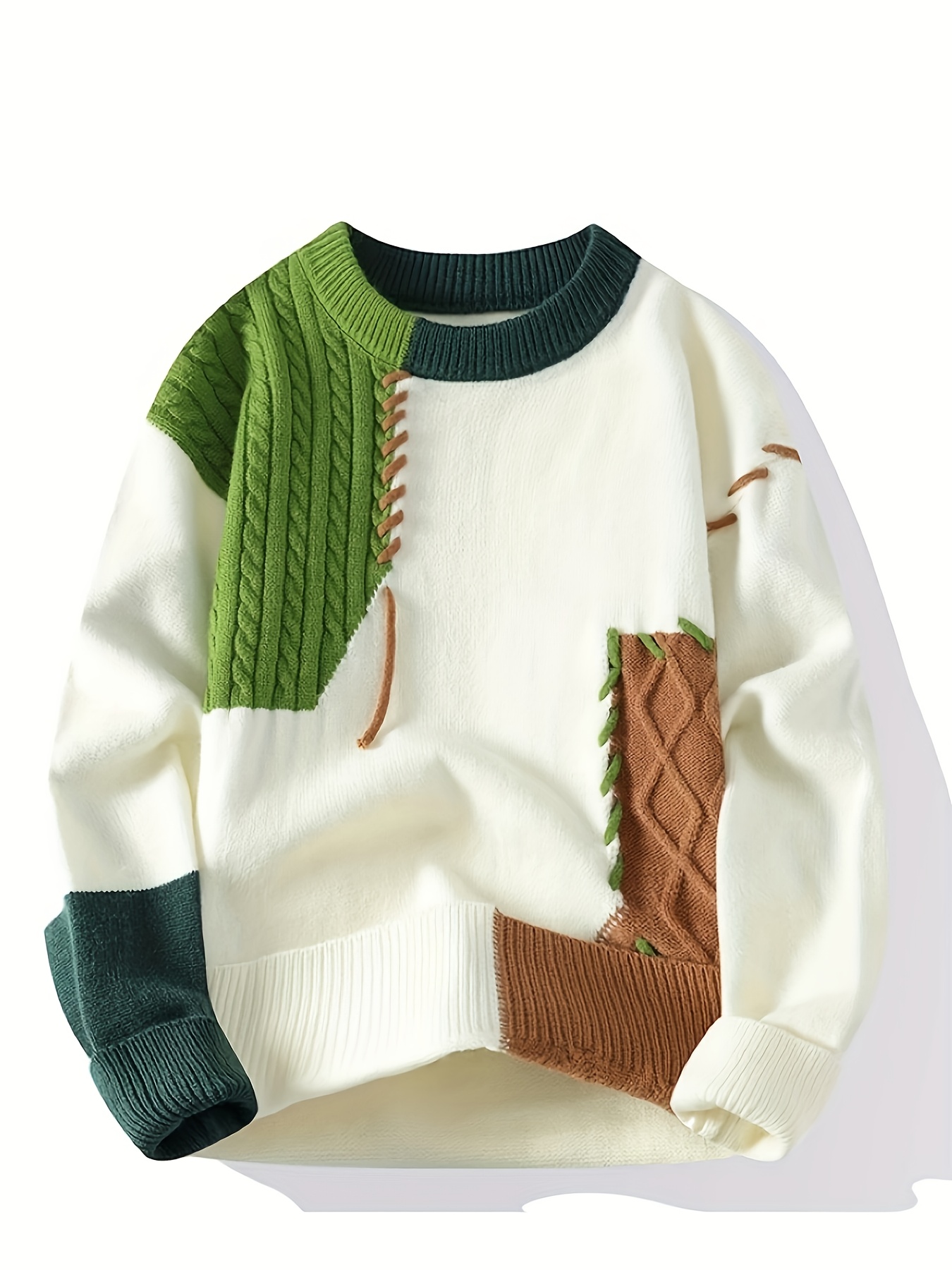 Green Men’s Color Block Cable Sweater – Soft Ribbed Texture Machine Washable Round Neck Pullover for Spring Fall Winter Casual & Mature Occasions, Sweater Durable wear