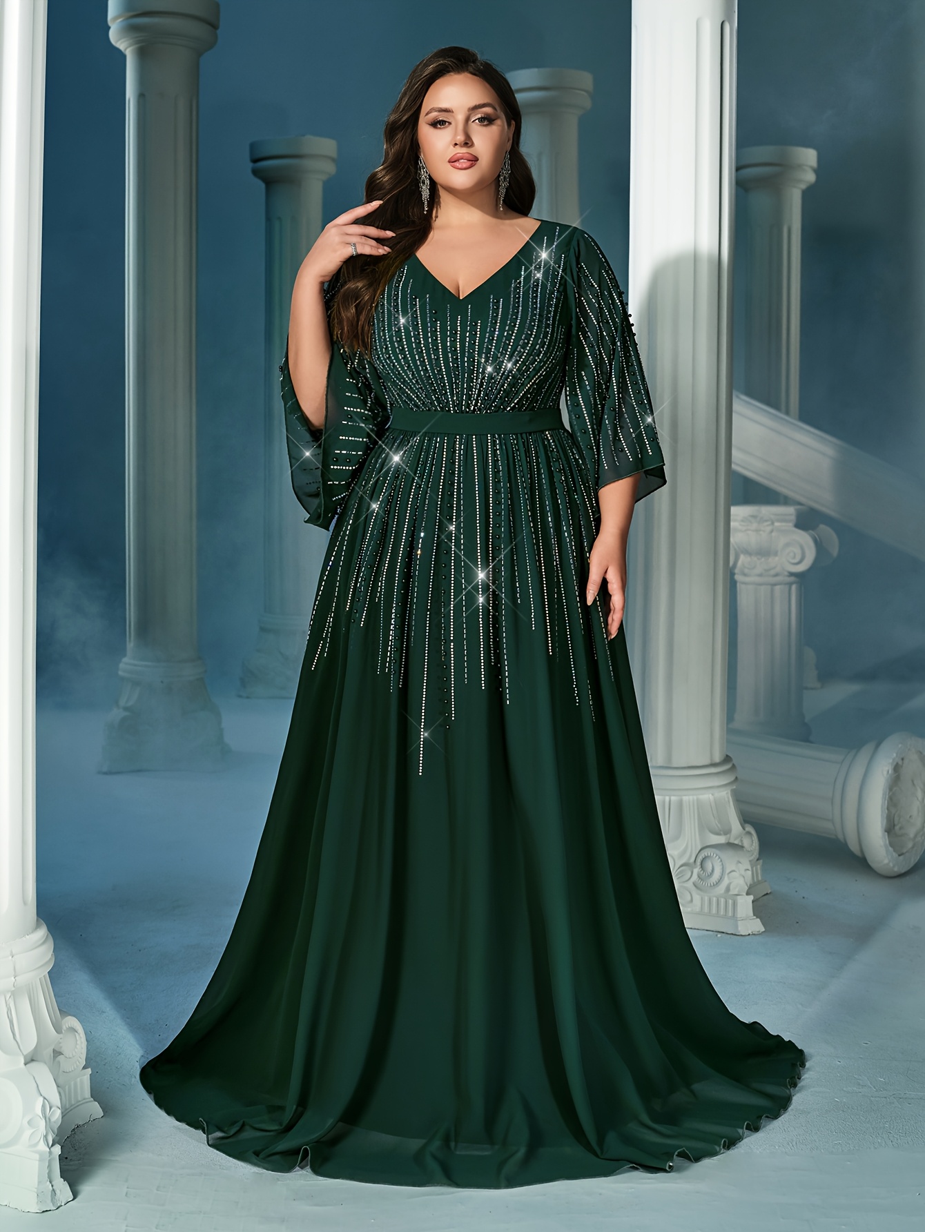 drop waist maxi formal dress Plus Size Floral Lace 3/4 Sleeve Round Neck A-line Floor Length Maxi Dress With Pockets
