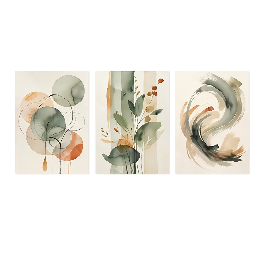 TEMU 2d Flat, 3pcs/set, Beige & Sage Abstract Watercolor Wall Art, Botanical And Geometric Prints For Living Room Decor, Japandi Zen Wall Decor,