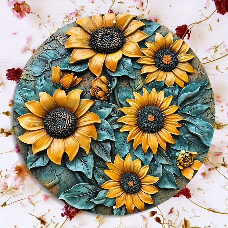

Sunflower Teal And Yellow Metal Wall Decor - 8x8 Inch Round Aluminum Garden Sign - Weather Resistant Outdoor Door Hanger With Pre-drilled Holes - Hd Printed Quality Art Set Xhf 5333