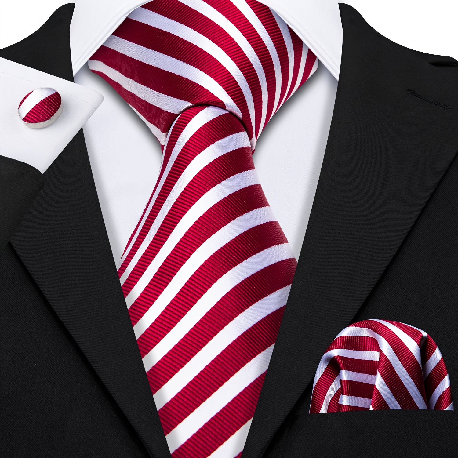 TEMU Men's Red White Necktie With Matching Pocket Square & Cufflinks - Solid Color Business Dress Accessors Suitable For Wedding, Party, Professional