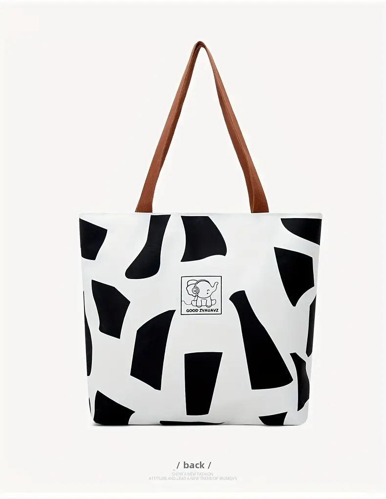 stylish geometric print womens oxford tote bag durable shoulder bag with zipper closure shopping travel commuting in white yellow black commuting accessory modern accessory fabric details 6
