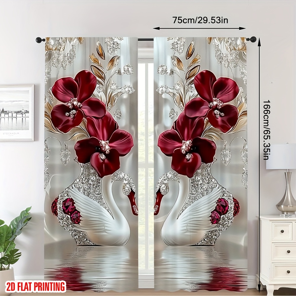 TEMU 2d Flat - 2d Flat - Set Of 2 Elegant Curtains Featuring A Stylish Floral And Swan Design, Perfect For Rooms Including The Bedroom, Bathroom,