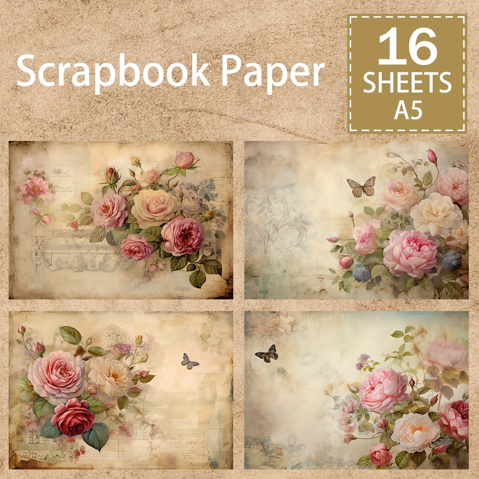 

16 Sheets A5 Size Mother's Day Retro Rose Flower Peony Flower Plant Background Material Decoration Diy Retro Journal Junk Journal Greeting Card Planner Scrapbook Background Card Pad