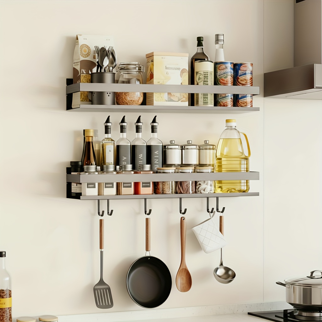 Image of 2pcs Spice Rack Wall Without Drilling, Rack Hanging Without Drilling Cabinet Door, Metal Spice Rack Cabinet Organizer Kitchen Rack Wall, 40cm, Gray/white/black