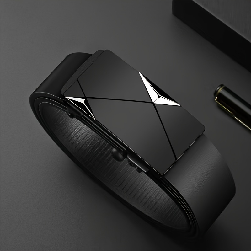 TEMU Men's Business Luxury Automatic Belt With Black Golden And Silvery Geometric Buckle. Matte Fine Leather Is Soft And Wear-resistant. Smooth