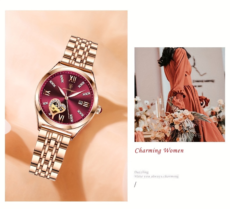 POEDAGAR Elegant Women's Quartz Watch - Rose Golden-Tone Stainless Steel, Luminous Hands & Calendar,, Date Display with Heart Detail