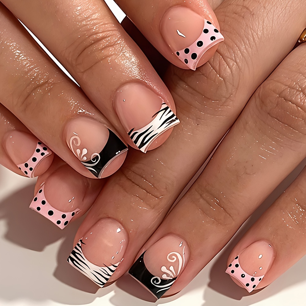 TEMU 24pcs Y2k Square Press-on Nail Set - Wearable Nails. The Design Features A Short Square Shape With A Base Color, Combining Polka Dots, , And