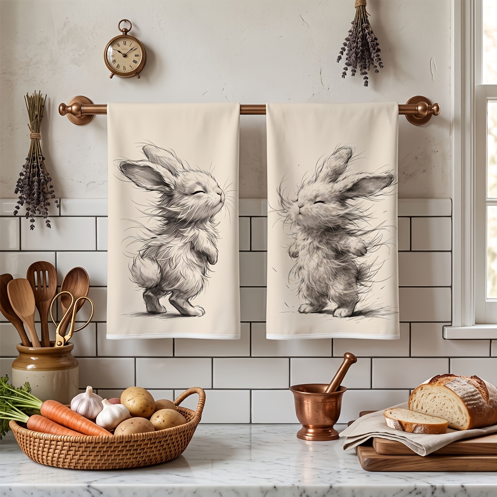 TEMU 2-pack Cute Vintage Sketch Fluffy Bunny Kitchen Towels, Ultra-absorbent Microfiber Dish Towel, Rabbit, Easy To Washable Tea Towel, Rustic