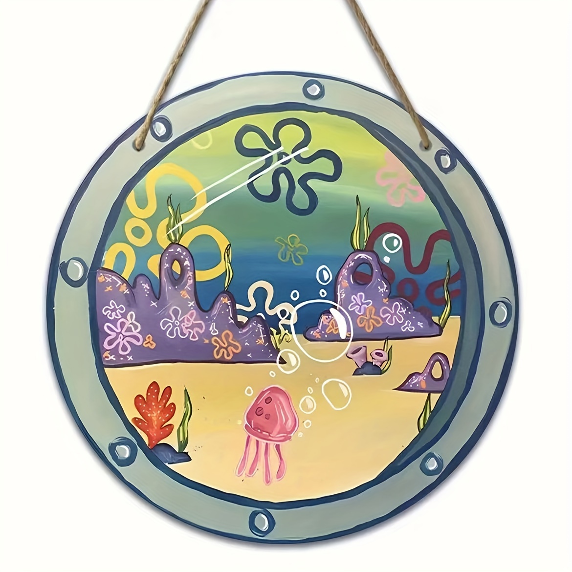 

1pc Underwater Jellyfish Scene Round Wooden Plaque - Unique Wall Decor For Home, Restaurant, Or Cafe.