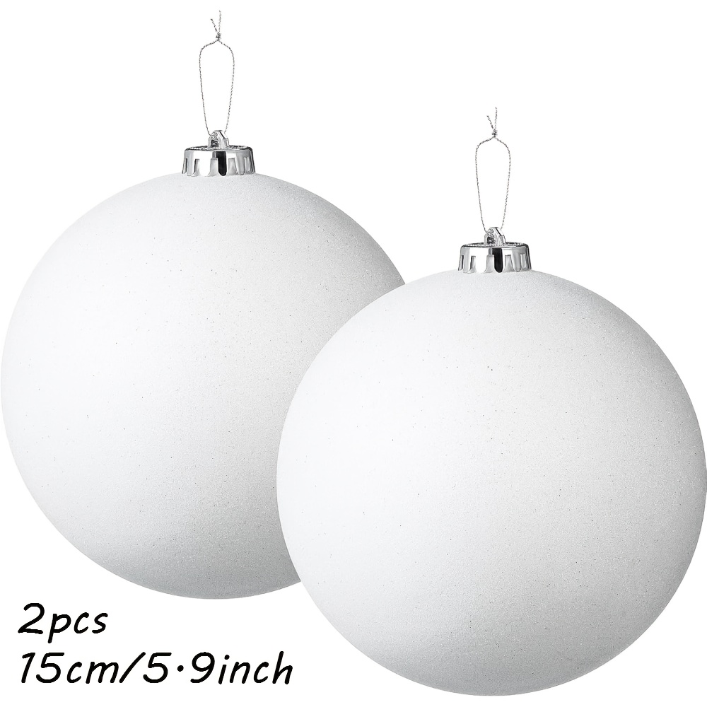 TEMU 2pcs, Large 6inch/ 15cm White Glitterl Christmas Ball Ornament - Plastic Spherical Decoration With Hanging Hat/ Ring, Suitable For Indoor And