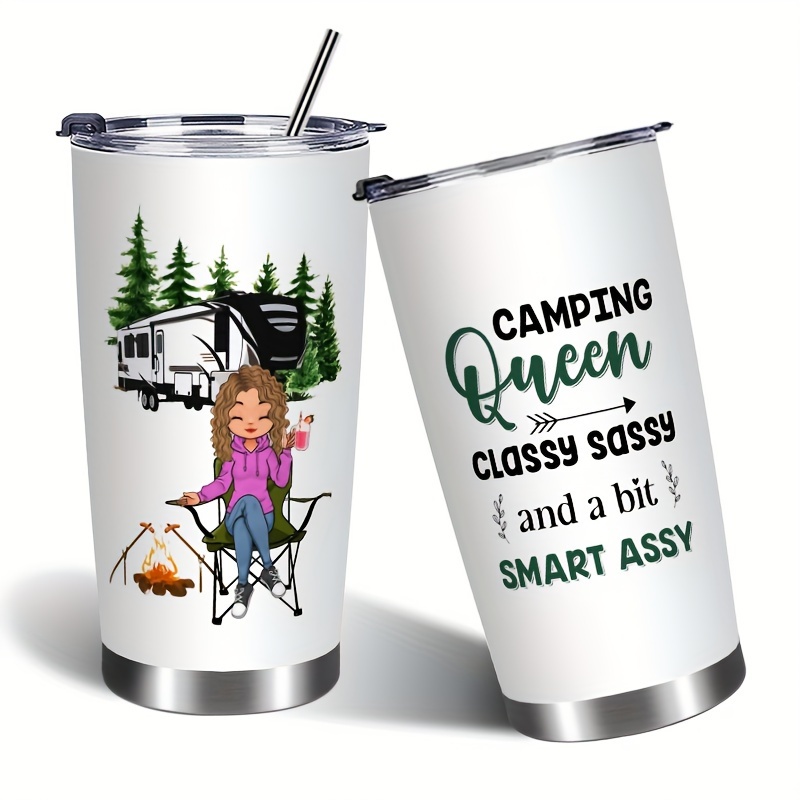 

20oz Stainless Steel Tumbler With Lid And Straw - Camping Queen Insulated Travel Mug - Keeps Drinks Hot & Cold - Ideal For Outdoor Adventures, Classy Sassy Smart Print