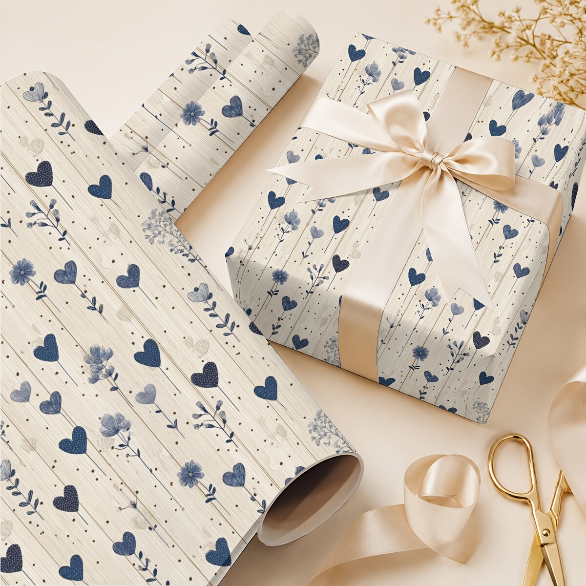 TEMU Vintage Heart Flower Pattern Wrapping Paper Roll, 19.69in X 118.11 Inch, Floral Gift Wrap For Women Girls, Ideal For Birthdays, Weddings Party,