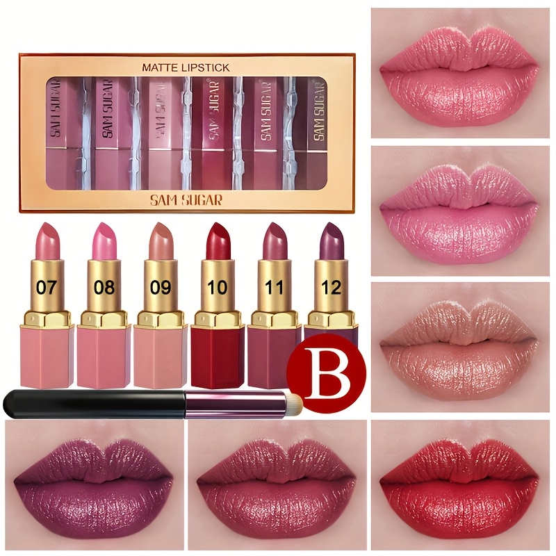 TEMU 6-pack Lipstick Set With Brush - Pearl Velvet End, Long-lasting & Pigmented, Moisturizing Lip Balm, Smooth & Easy To Apply, Rich Fruity Shades