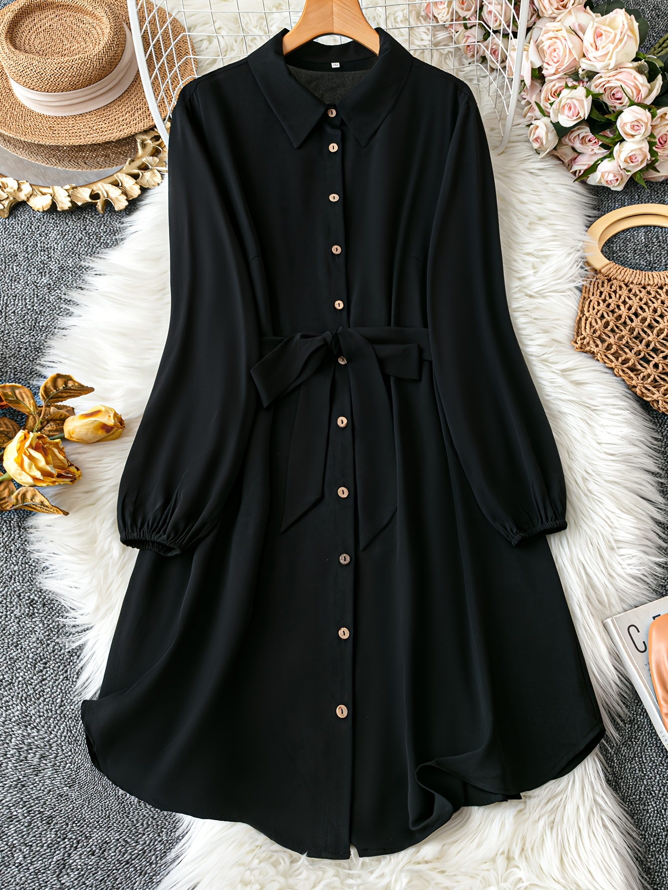 Plus Size Dames Elegante Knoopsluiting Losse Midi Jurk Zwart met Gouden  Knopen, Wasmachinebestendig Lente/Herfst Casual tot Semi-Formele Outfit,