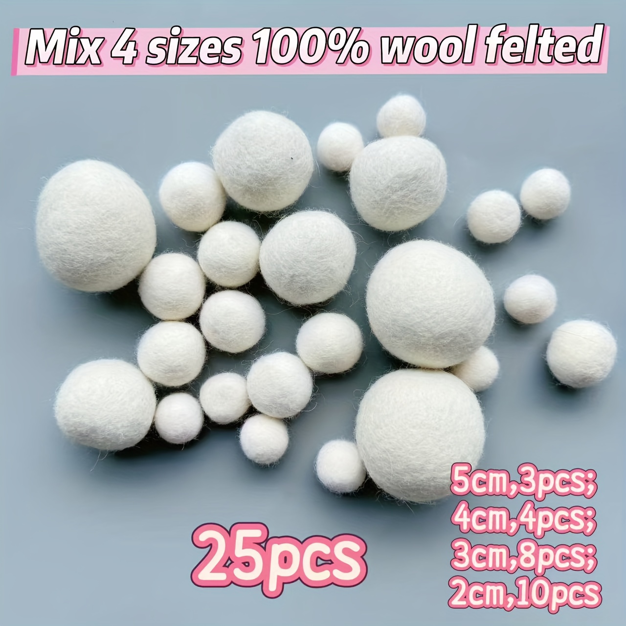 100% Wool Felted Balls, 4 Sizes Mixed, 25pcs, For Needle Felting Garland Craft