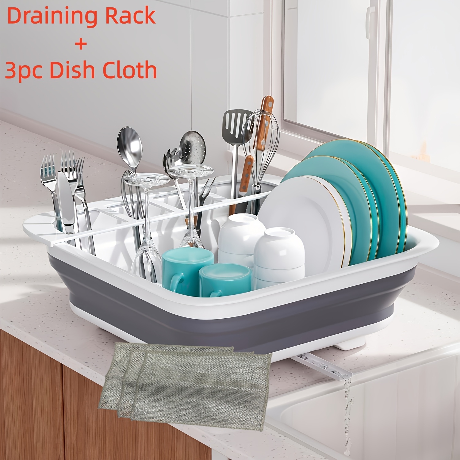 Foldable Dish Drying Rack + Dishcloth Set, Portable Kitchen Rv Camping Travel Trailer Storage Tray, Space- Organizer