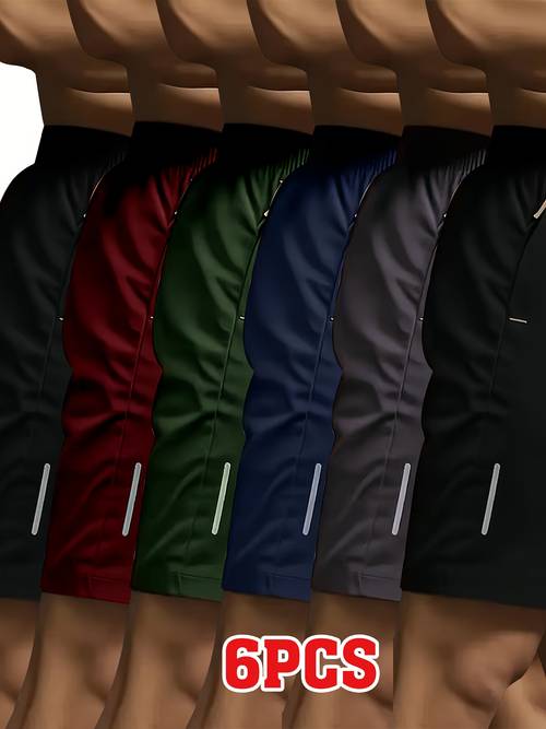imagen del artículo juego de 6 piezas de shorts deportivos casuales para hombre en , , , , borgoña y . diseño estampado con tira reflectante, bolsillos con cremallera lateral, tela de poliéster cómoda y transpirable, cintura elástica. múltiples colores y combinaciones