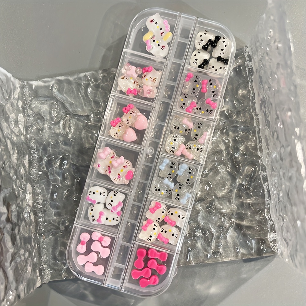 Image of Mix Transparent Heart Hello Kitty Bow Nail Art Charms Sparkle Pink Hello Kitty 3d Kawaii Cat Bowknot Jewelry Diy Nail Tips Decoration