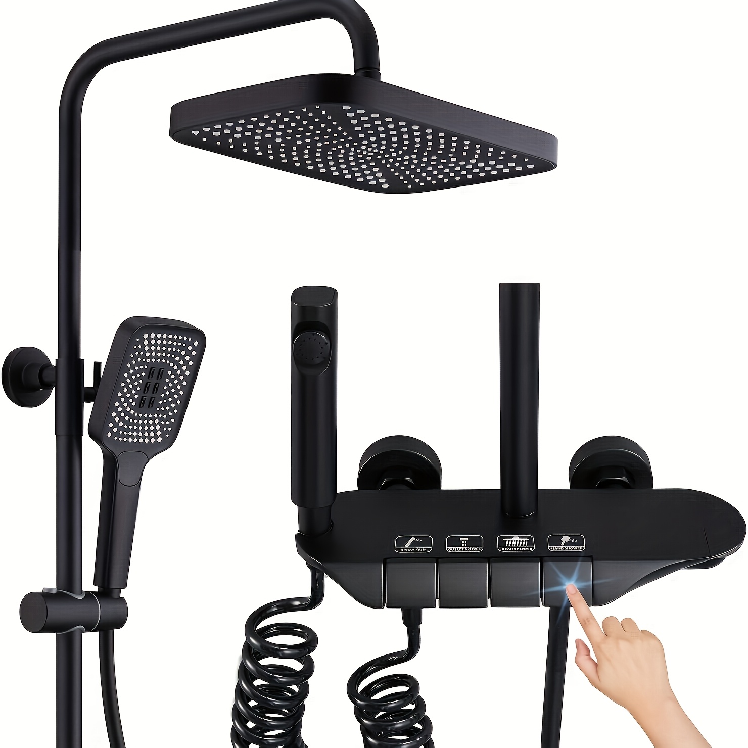 E-shop Schwarzes Duschsystem mit Duschset, Wand-Piano-Tasten-Duschset, höhenverstellbares Regenduschset mit Duscharmatur, 19x30 cm Duschkopf, 3