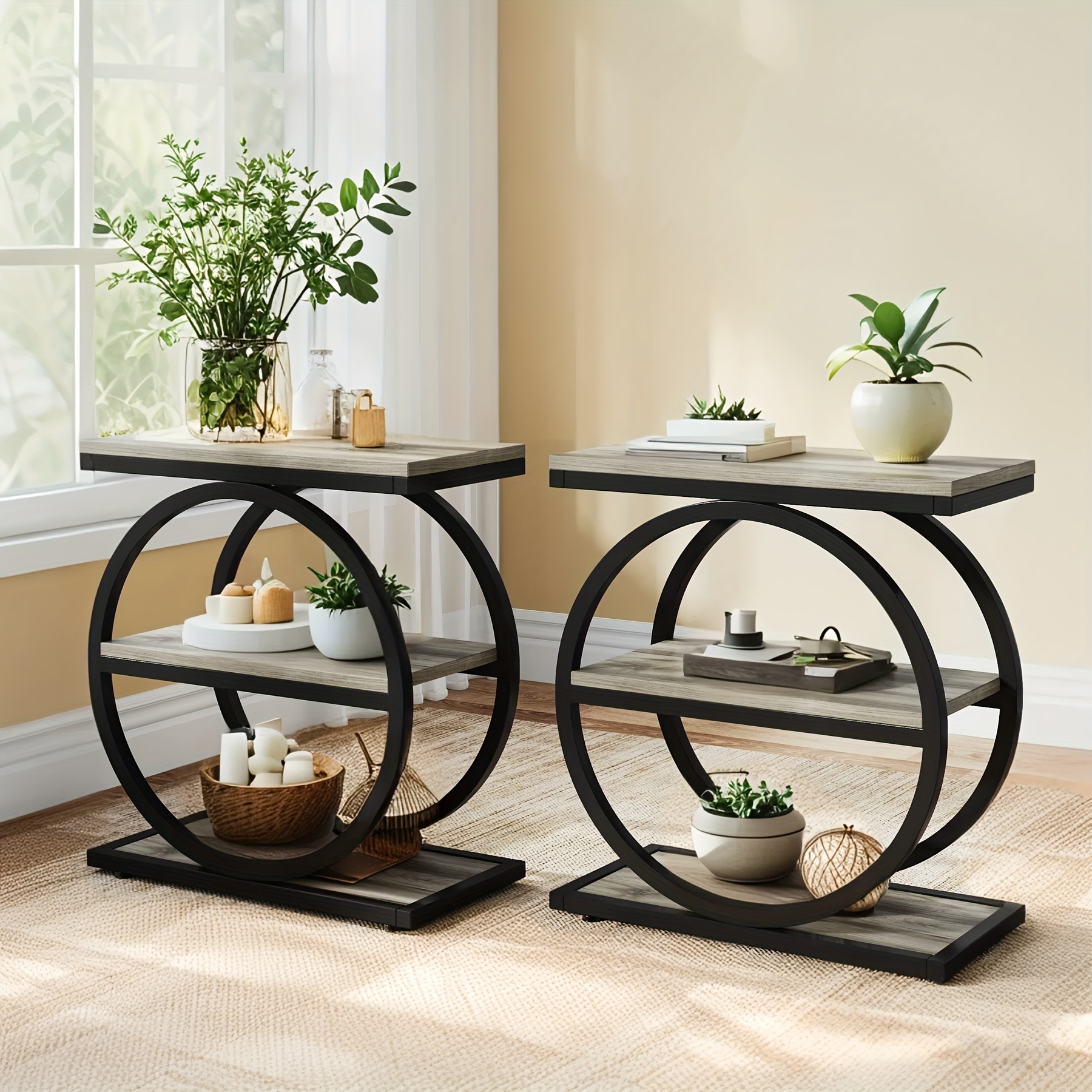 Vintage End Table Set Of 2, Narrow End Table with 3 Storage Shelves, Farmhouse Wooden Side Table, Industrial Small Sofa Side Table for Living Room, Modern Slim Nightstand And Bedside Table for Bedroom - Image 4