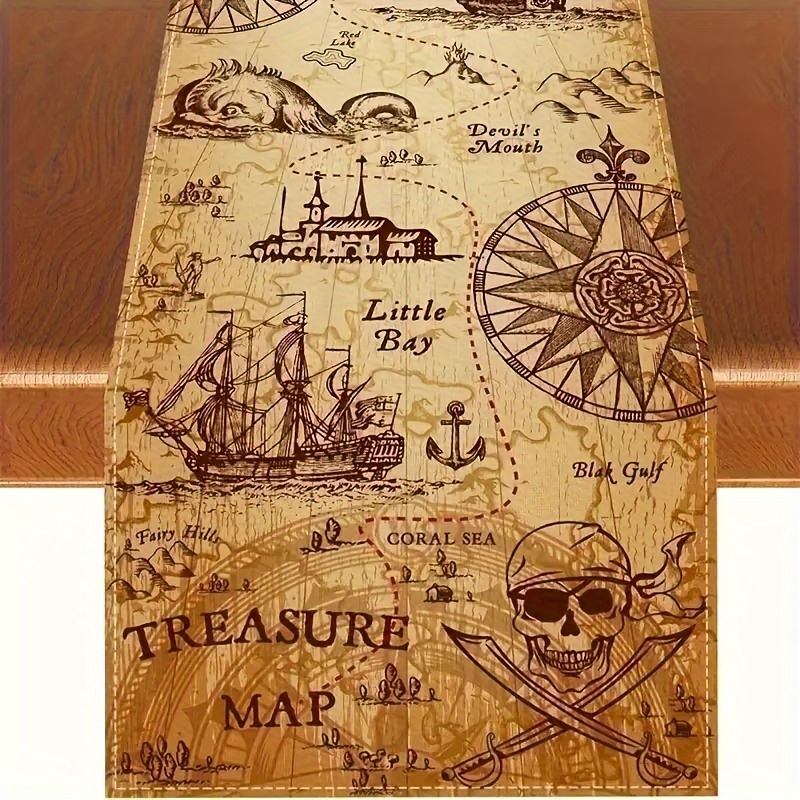 

Pirate Ship Treasure Map Table Runner - Polyester, Rectangular Woven Design For Indiana Jones Themed Parties & Home Decor